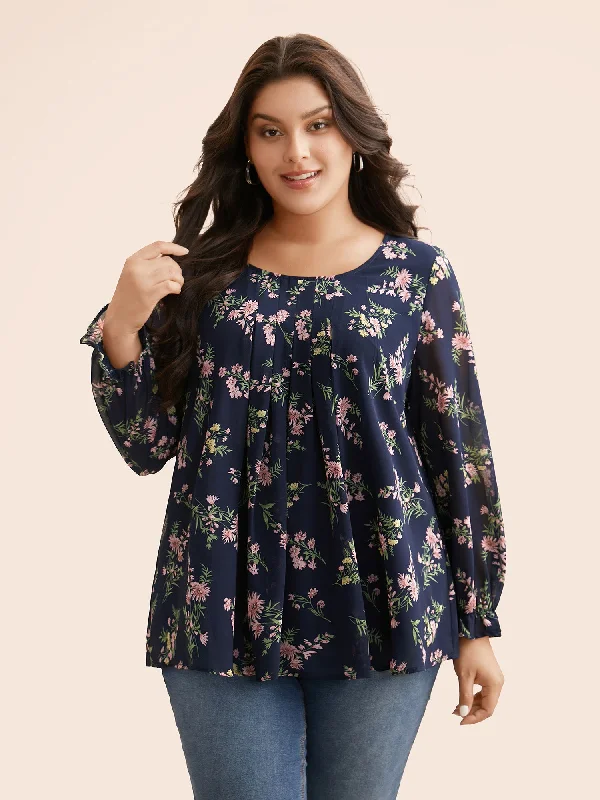 Chiffon Floral Round Neck Pleated Blouse