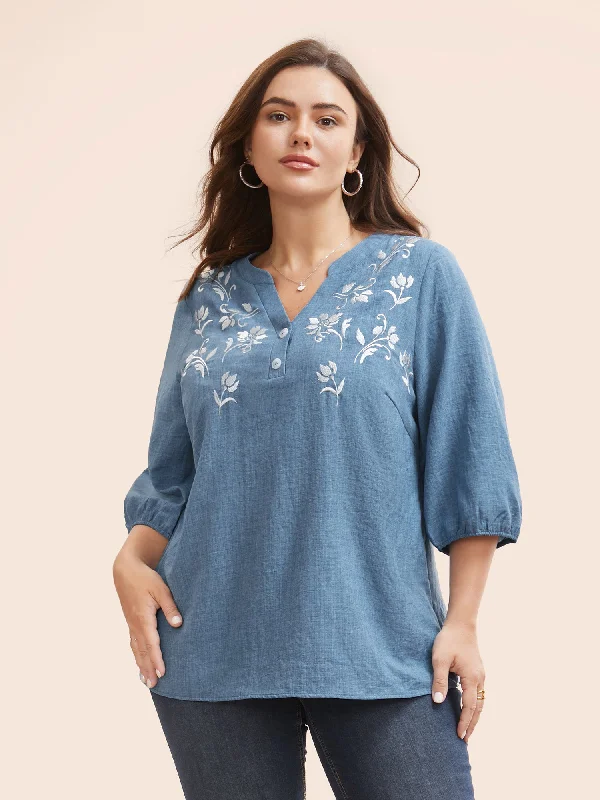 Floral Embroidered Button Detail Lantern Sleeve Blouse