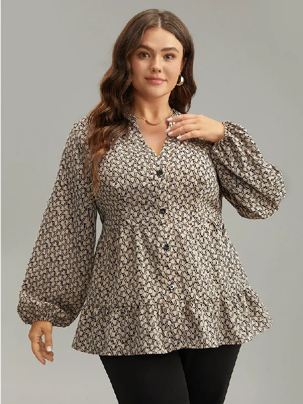 Geometric Print Button Through Lantern Sleeve Blouse