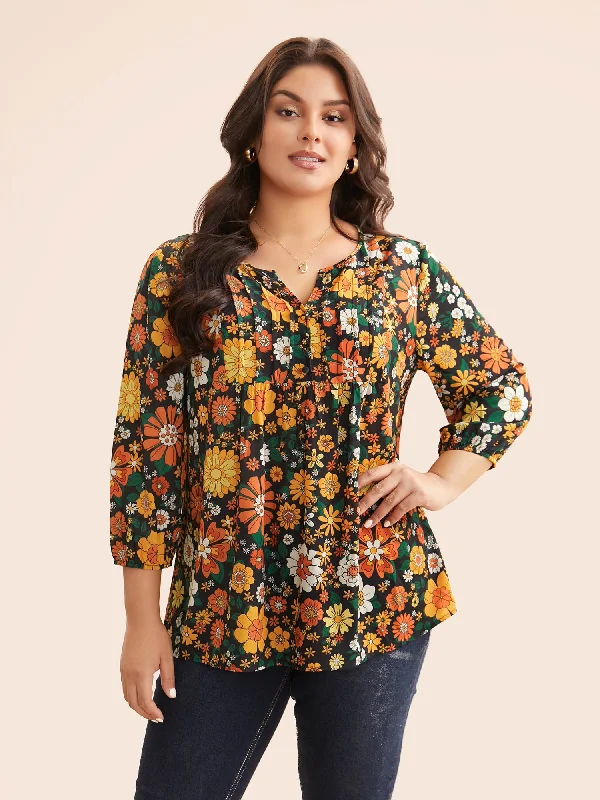 Natural Flowers Lantern Sleeve Pleated Blouse