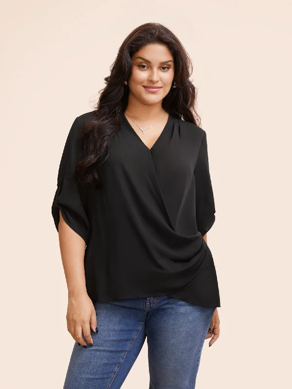 Overlap Collar Gathered Tab Sleeve Blouse