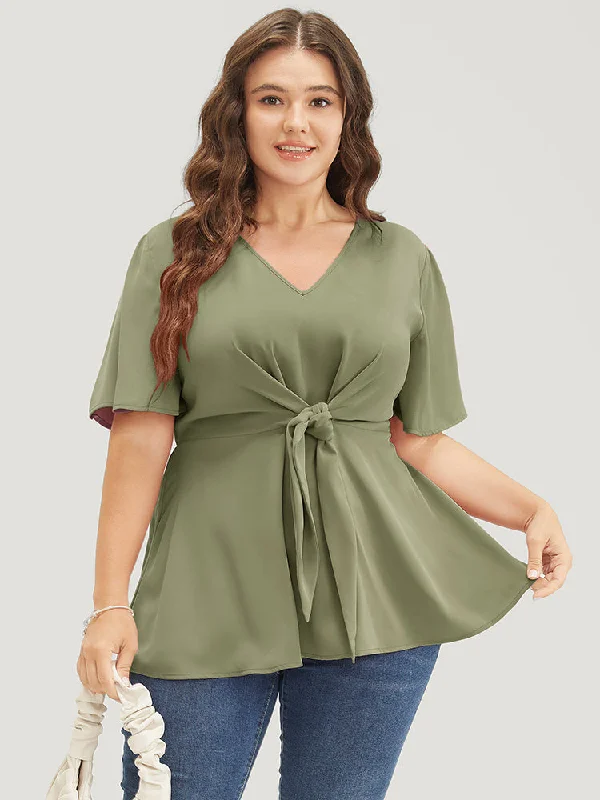 Plain Ruffle Sleeve Knot Front Blouse