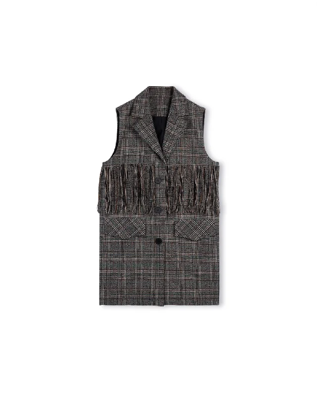 Plaid Knit Fringe Vest