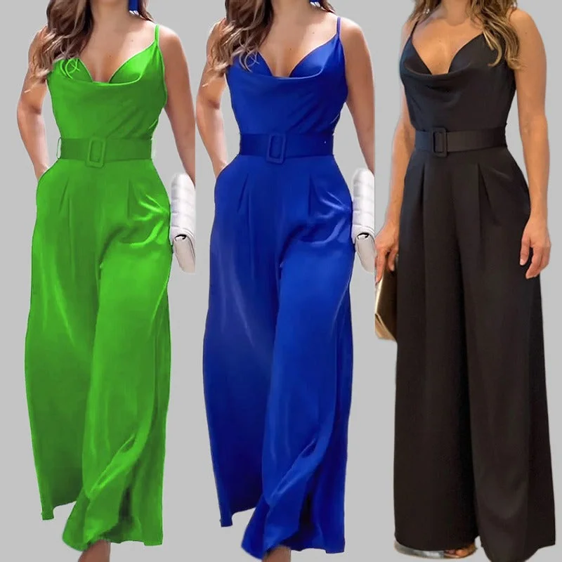 Summer new women's clothing jumpsuit sexy camisole V neck sleeveless waist solid ladies romsuit women loose wide leg jumpsuits